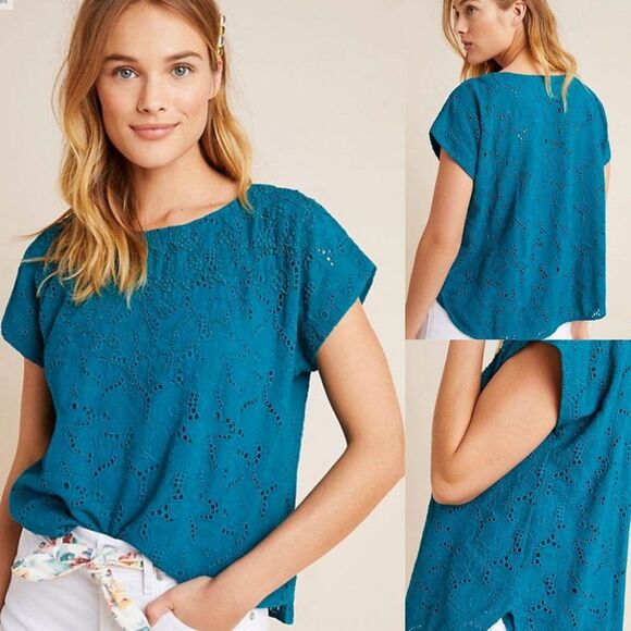Blue Anthropologie Maeve Beaded Lace Short Sleeve Top (NWT) - Picture 4 of 4